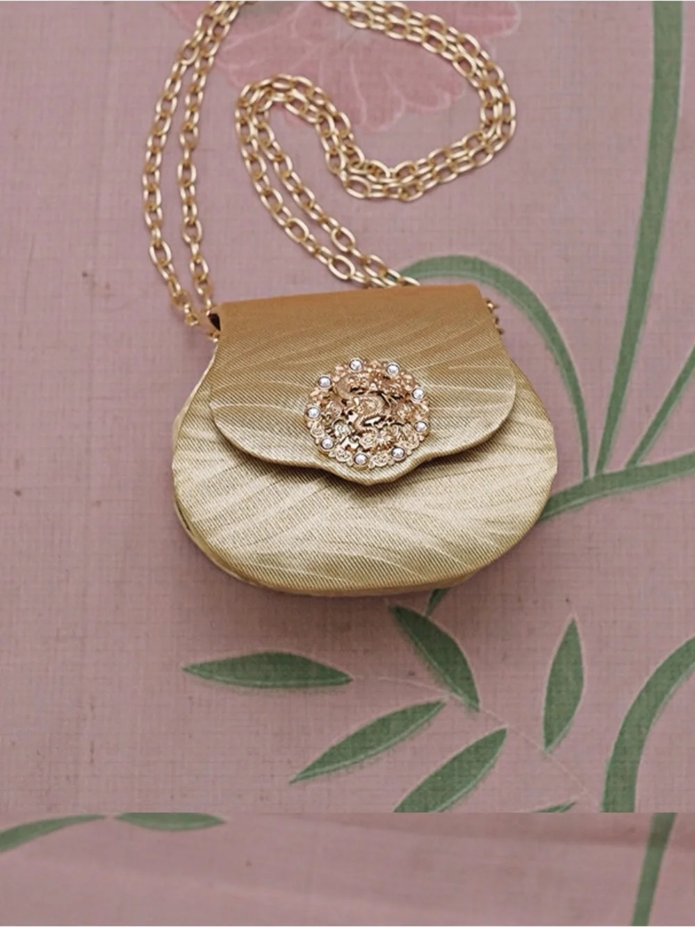 Gold Satin Mini Crossbody Bag with Decorative Medallion - Picture 3 of 6